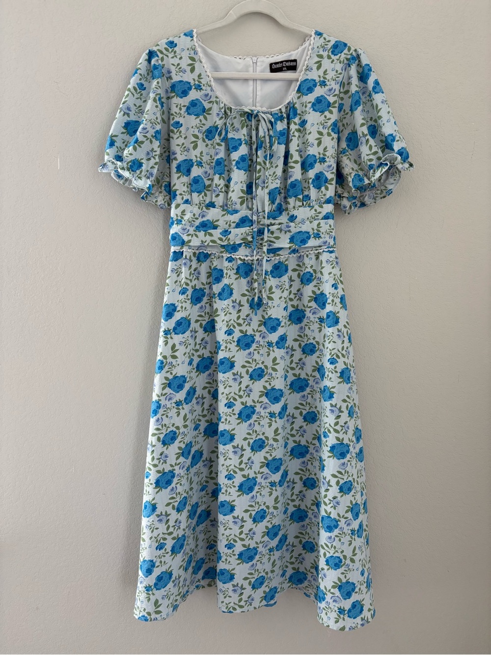 Scarlet Darkness Cottagecore Milkmaid Midi Dress Blue Roses Puff Sleeves 2X